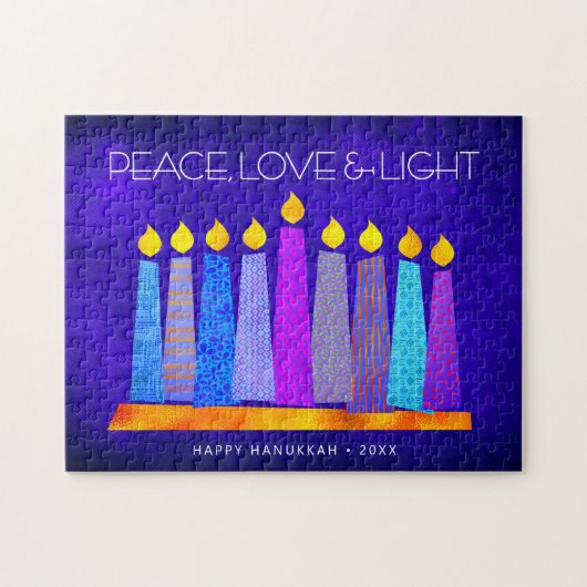 Hanukkah Blue Boho Candle Pattern Peace Love Light ジグソーパズル (横)