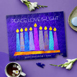 Hanukkah Blue Boho Candle Pattern Peace Love Light ジグソーパズル<br><div class="desc">“Peace, love & light.” A playful, modern, artsy illustration of boho pattern candles in a menorah helps you usher in the holiday of Hanukkah. Assorted blue candles with colorful faux foil patterns overlay a rich, deep blue textured background. Feel the warmth and joy of the holiday season whenever you use...</div>