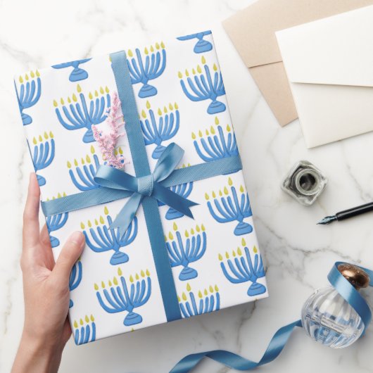 Hanukkah Botanical Menorah Watercolor Blue ラッピングペーパー (ギフト)