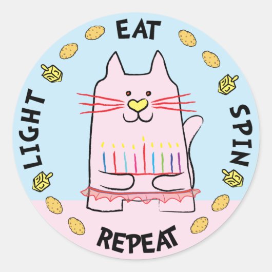 Hanukkah CATステッカー「Light, , Spin, Repeat」 ラウンドシール (正面)