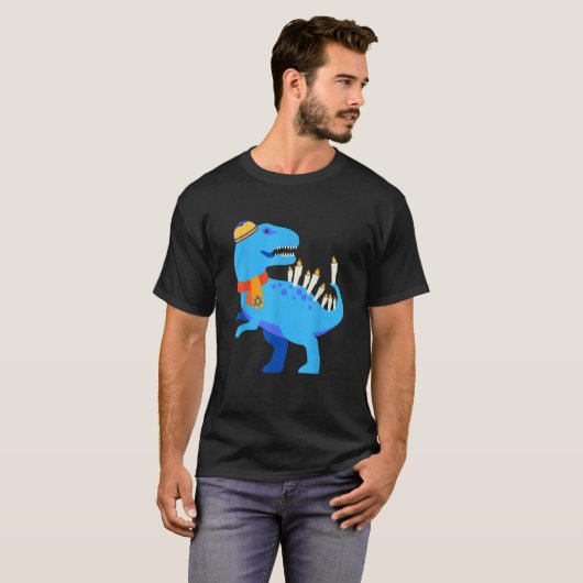Hanukkah Chanukkah Blue Dinosaur Menorasaurus Tシャツ (正面フル)