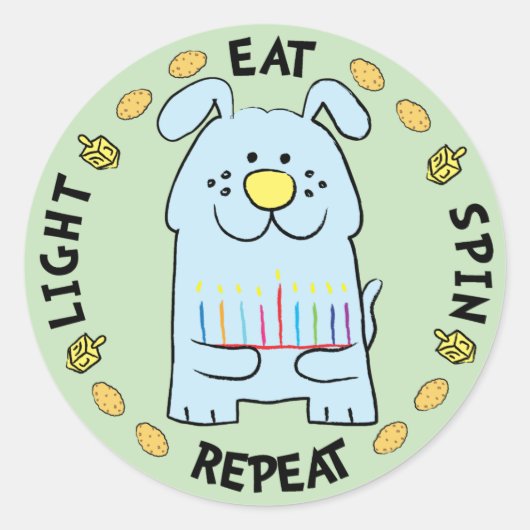 Hanukkah Dog Stickers "Light, , 食べ, Spin, Repeat" ラウンドシール (正面)