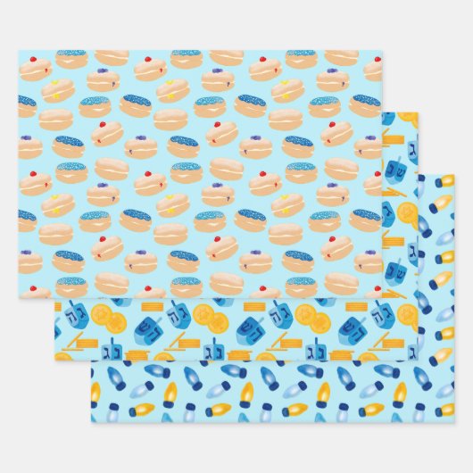 Hanukkah Dreidel, Gelt, Sufganiyot，ストリングライト ラッピングペーパーシート (セット)