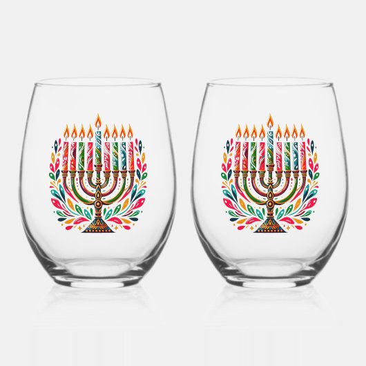 Hanukkah Festival Of Lights  ステムなしワイングラス (正面)