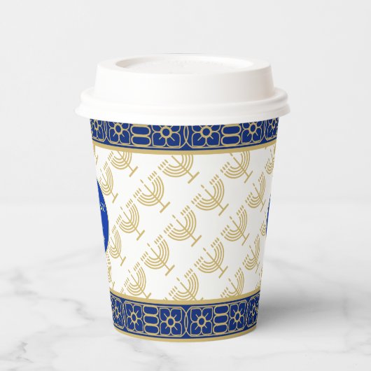 Hanukkah Festival Party Gold Menorah blue pattern 紙コップ (左)