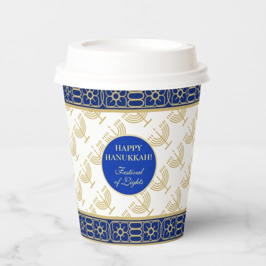 Hanukkah Festival Party Gold Menorah blue pattern 紙コップ (正面)