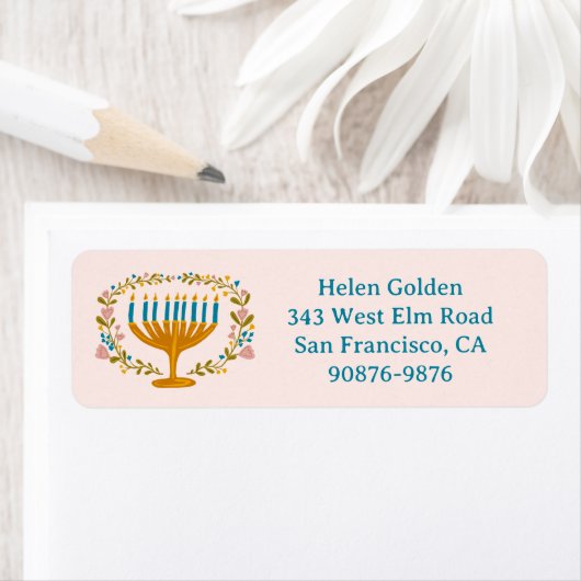 HANUKKAH Floral Wreath Menorah Return Address ラベル (インサイチュ)
