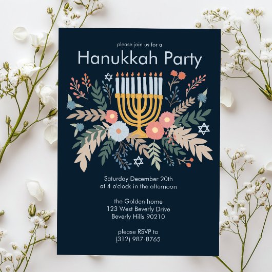 Hanukkah FLorals Hand-drawn Art CUSTOM Party 招待状