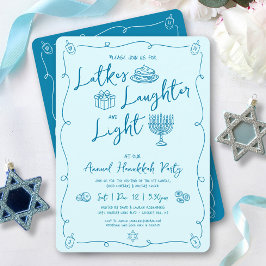 Hanukkah Latke Laughter Light Teal Doodles Party 招待状