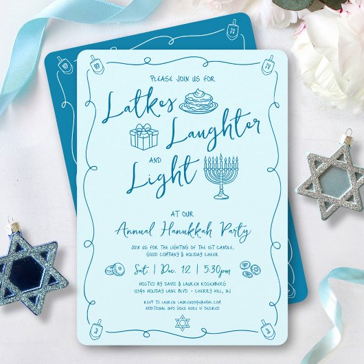 Hanukkah Latke Laughter Light Teal Doodles Party 招待状