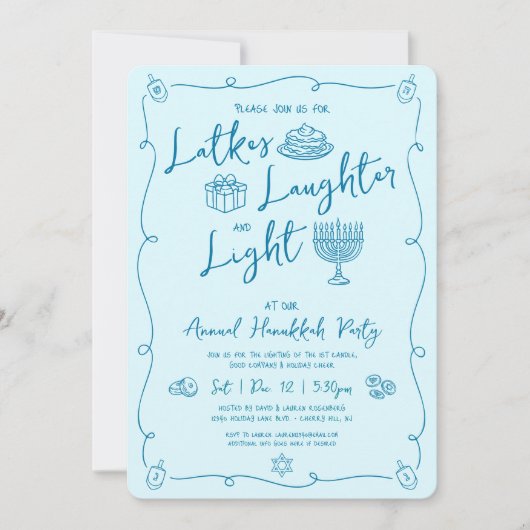 Hanukkah Latke Laughter Light Teal Doodles Party 招待状 (正面)