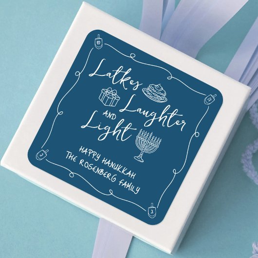 Hanukkah Latkes Laughter Light Navy Hand Drawn Fun スクエアシール