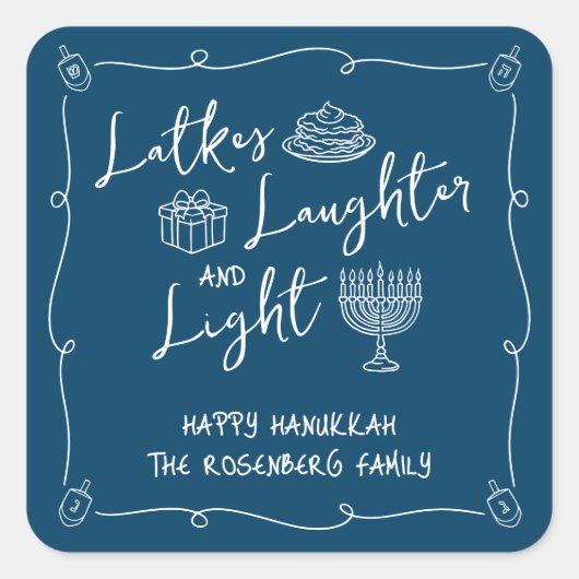 Hanukkah Latkes Laughter Light Navy Hand Drawn Fun スクエアシール (正面)