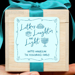 Hanukkah Latkes Laughter Light Teal Hand Drawn Fun スクエアシール