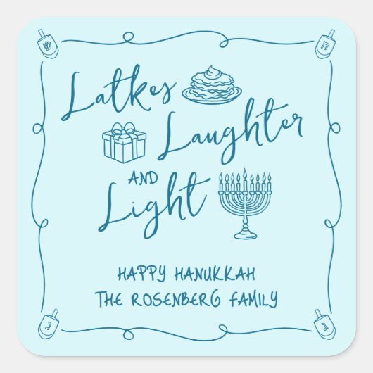 Hanukkah Latkes Laughter Light Teal Hand Drawn Fun スクエアシール (正面)