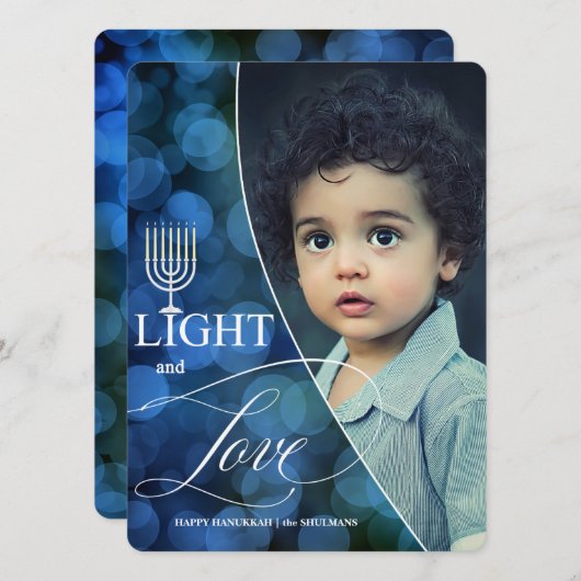 Hanukkah Light and Love with Name and Photo シーズンカード (正面/裏面)