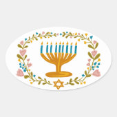 HANUKKAH Menorah floral wreath Jewish Holiday 楕円形シール (正面)
