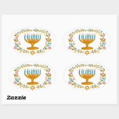 HANUKKAH Menorah floral wreath Jewish Holiday 楕円形シール (シート)