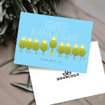 Hanukkah Menorah Olives | Baby Blue Company Logo シーズンカード<br><div class="desc">Celebrate the spirit of teamwork this Hanukkah with a card that’s as playful as it is meaningful. On the front, a lively group of olives join forces, standing side by side to create a glowing menorah — complete with the fun-loving message “Happy Hanukkah from olive us.” It’s a cheerful way...</div>
