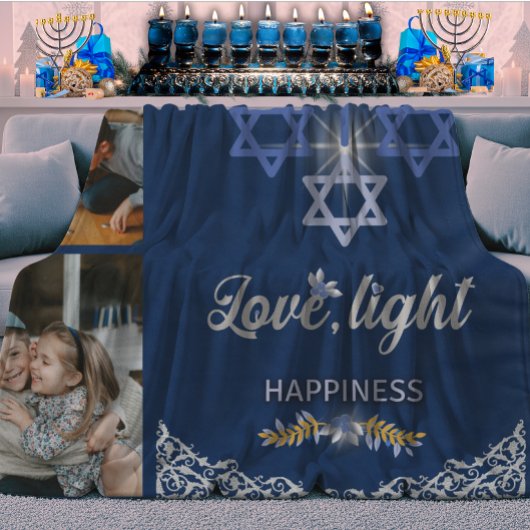 Hanukkah Miracle Navy Blue Beautiful Family Photo シェルパブランケット