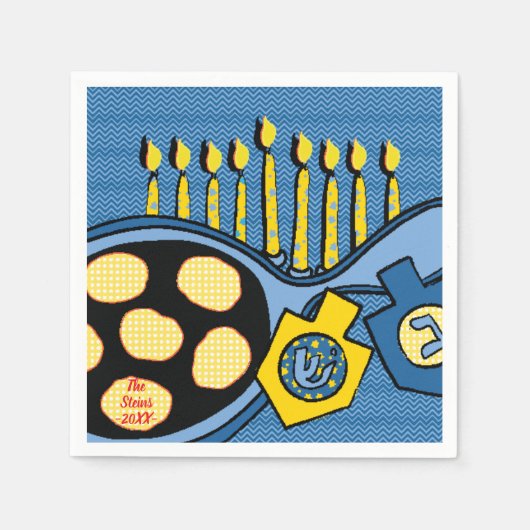 Hanukkah Napkins Personalize "Latkes & Lights" スタンダードカクテルナプキン (正面)