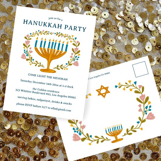 HANUKKAH PARTY Invitation floral wreath CUSTOM ポストカード