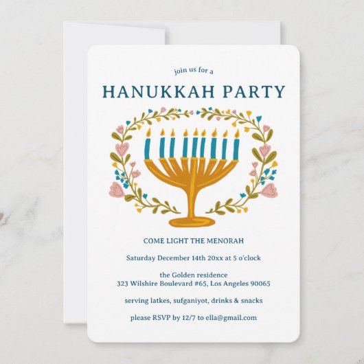 HANUKKAH PARTY Menorah floral wreath CUSTOM 招待状 (正面)