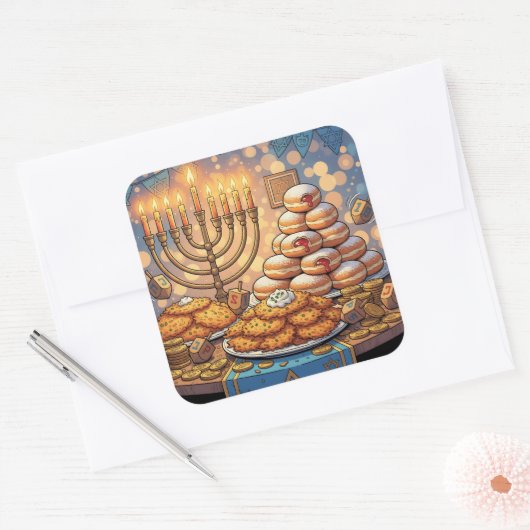 Hanukkah Potato Pancakes, Menorah and Jelly Rolls スクエアシール (封筒)