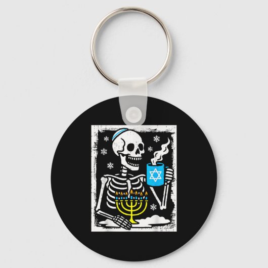 Hanukkah Skeleton Coffee Dreidel Jewish Menorah Ch キーホルダー (正面)