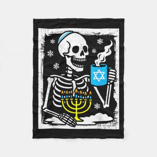 Hanukkah Skeleton Coffee Dreidel Jewish Menorah Ch フリースブランケット (正面)