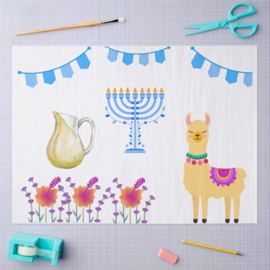 Hanukkah Tissue Paper with Vibrant Flowers, Menora 薄葉紙 (クラフト)