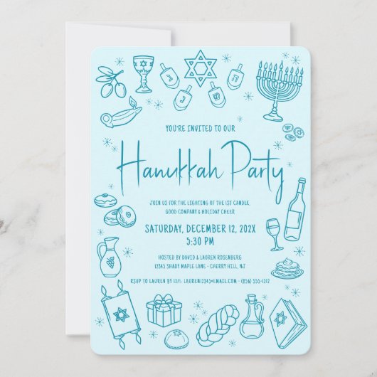 Hanukkah Turquoise Hand Drawn Fun Whimsical Party 招待状 (正面)