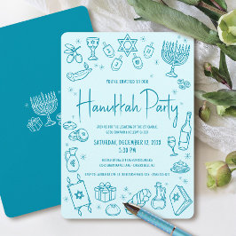 Hanukkah Turquoise Hand Drawn Fun Whimsical Party 招待状