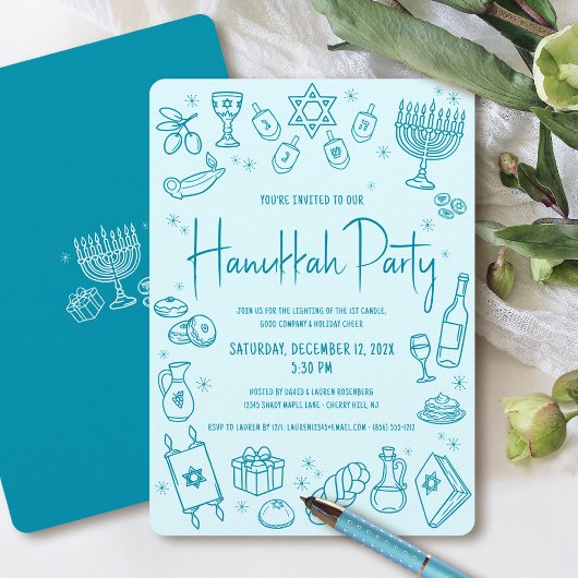 Hanukkah Turquoise Hand Drawn Fun Whimsical Party 招待状
