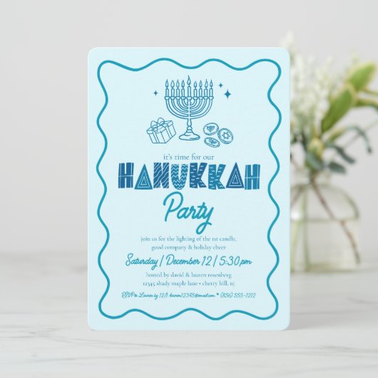 Hanukkah Turquoise Typography Playful Doodle Party 招待状 (スタンド正面)