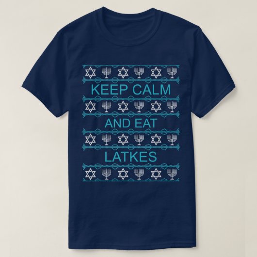 Hanukkah Ugly Christmas Sweater Keep Calm Eat Latk Tシャツ (デザイン正面)