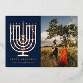 Hanukkiah（ユダヤ教）メノラーハッピーハヌッカフォトネイビー 箔シーズンカード (正面)