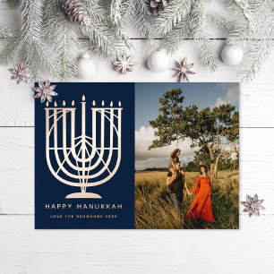 Hanukkiah(ユダヤ教)メノラーハッピーハヌッカフォトネイビー 箔シーズンカード