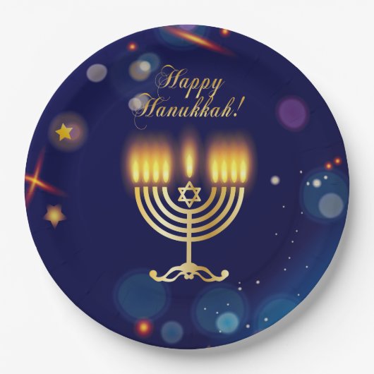 Hanukkiah Happy Hanukkah Jewish Gold Menorah ペーパープレート (正面)