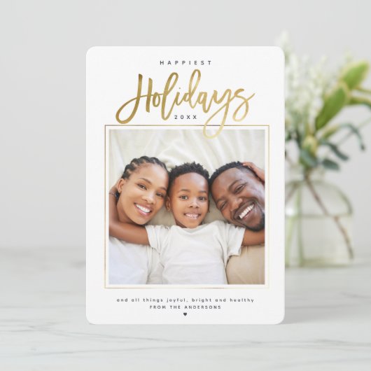 Happiest Holidaysミニマル金ゴールドフォトコラージュ シーズンカード (スタンド正面)