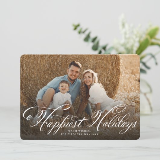 Happiest Holidays白ファンシー文字のクラシック写真 シーズンカード (スタンド正面)