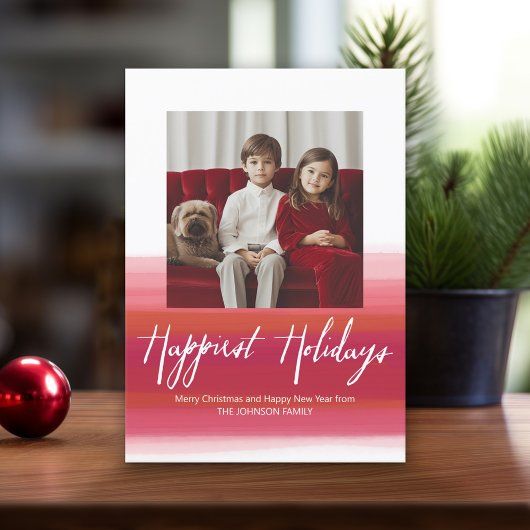Happiest Holidays モダン Water color 1フォトレッド シーズンカード