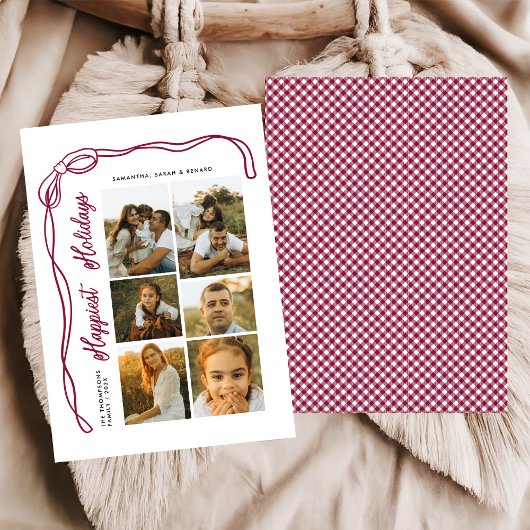 Happiest Holidays Bow Family 6 Photos Plaid シーズンカード