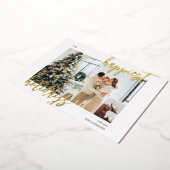 Happiest Holidays Brushスクリプトフォト 箔シーズンカード (回転した状態)