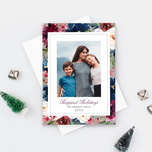 Happiest Holidays Burgundy and Navyフローラ写真 シーズンカード