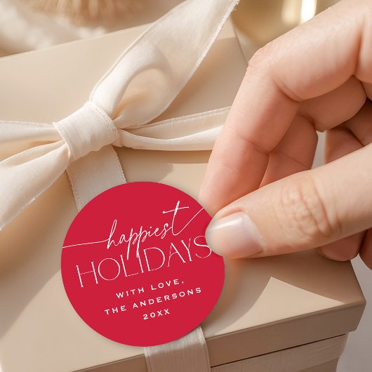 Happiest Holidays Elegant Red Christmas Gift ラウンドシール