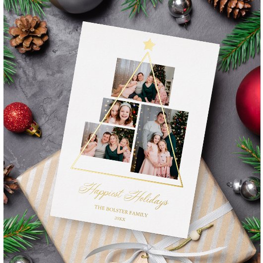 Happiest Holidays Family Christmas Tree 4 Photos 箔シーズンカード