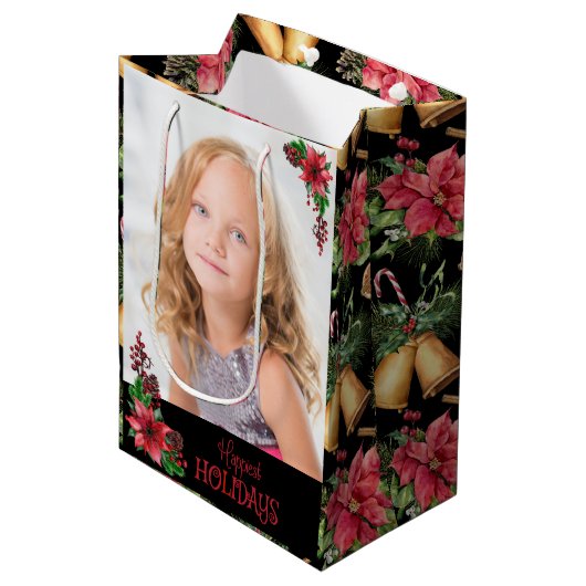 Happiest Holidays Poinsettiaファミリーフォト ミディアムペーパーバッグ (正面アングル)