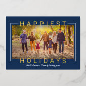 Happiest Modern Gold Text Navy Blue Photo 箔シーズンカード (正面)