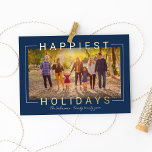 Happiest Modern Gold Text Navy Blue Photo 箔シーズンカード<br><div class="desc">"Happiest Holidays" Christmas card features a horizontal format with landscape photo and modern real gold foil greeting text that frames and overlaps the picture. Personalize the simple script text with a family signature and the year, and choose to include an additional message on the back of the card. Two additional...</div>